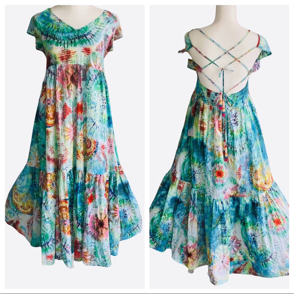 Tropical Resort destination beach vacation boho ruffle tassel maxi dress NEW XS